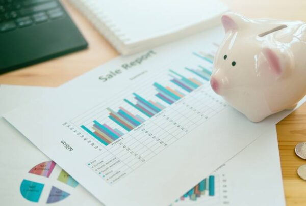 Piggy bank on papers with financial charts