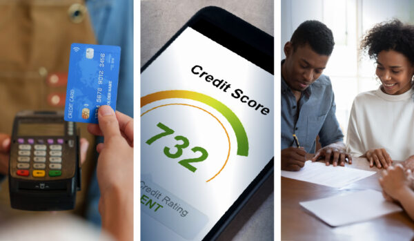 image of a credit card, a credit score on a phone and a couple reviewing paperwork