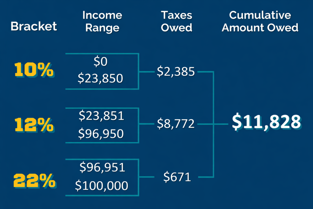 Tax bracket breakdown for a single filer showing 10%, 12%, 22%, and 24% brackets with income ranges ($0–$11,925; $11,926–$48,475; $48,476–$103,350; $103,351–$180,000), taxes owed per bracket ($1,193; $4,386; $12,072; $18,396), and a cumulative total tax owed of $36,047.