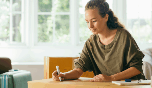 woman marking packing boxes preparing for a military move